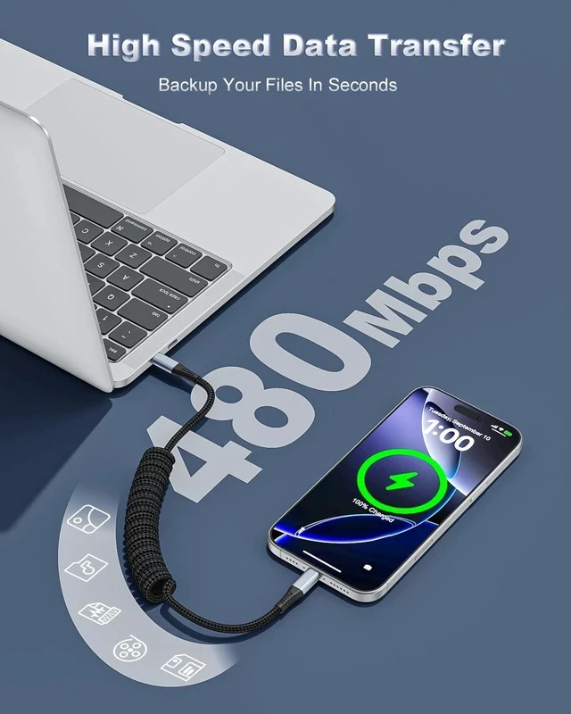 Alt view image 4 of 7 - USB C to USB C Cable 2Pack 3ft Coiled USB C Cable for Car 60W Fast Charging Retractable Nylon Braided USB-C Car Charger Cord for iPhone 17/16/15/Plus/Pro/Pro Max