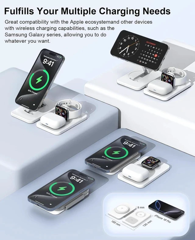 Alt view image 4 of 7 - 3 in 1 Magnetic Wireless Charger for Multiple Devices Foldable Fast Charging Station - Magsafe Charger Stand Travel Charger Pad for iPhone 17 16 15 14 13 12 Series/ Watch/