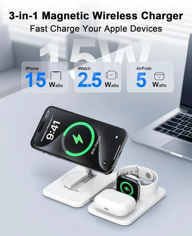 Alt view image 2 of 7 - 3 in 1 Magnetic Wireless Charger for Multiple Devices Foldable Fast Charging Station - Magsafe Charger Stand Travel Charger Pad for iPhone 17 16 15 14 13 12 Series/ Watch/