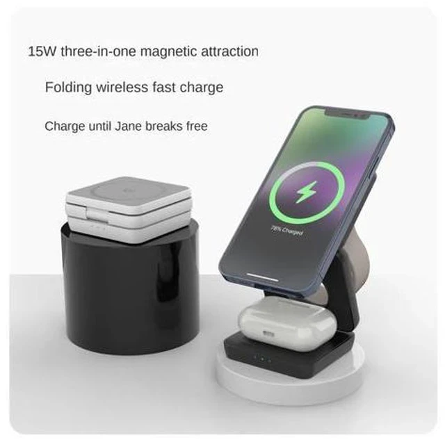 Alt view image 4 of 7 - Three-in-one Multi-function Folding Wireless Charger for for Portable Magnetic Mobile Phone Holder Fast Charging 15W