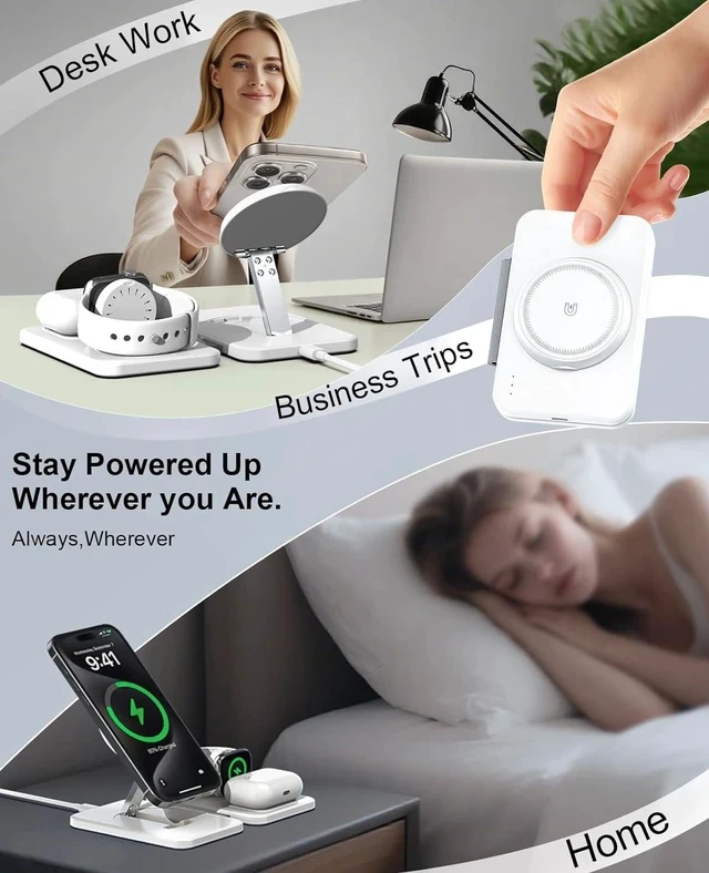Alt view image 7 of 7 - 3 in 1 Magnetic Wireless Charger for Multiple Devices Foldable Fast Charging Station - Magsafe Charger Stand Travel Charger Pad for iPhone 17 16 15 14 13 12 Series/ Watch/