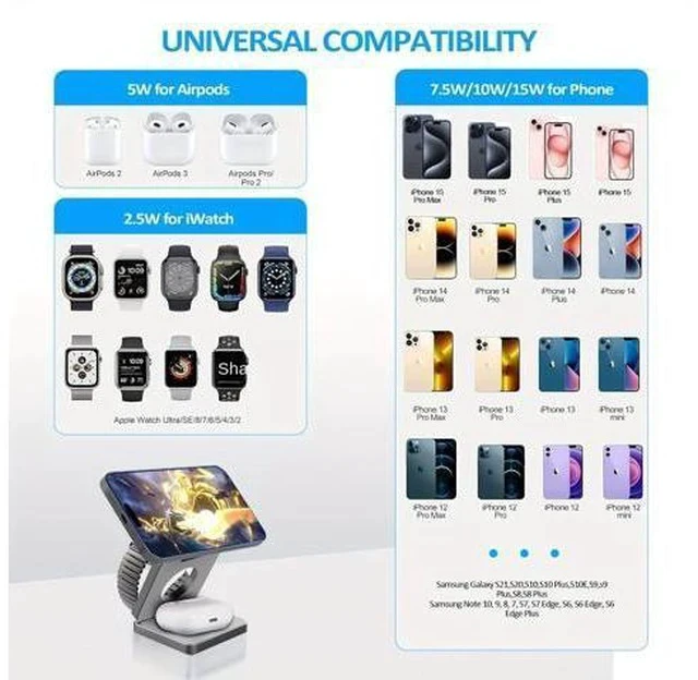 Alt view image 6 of 7 - Three-in-one Multi-function Folding Wireless Charger for for Portable Magnetic Mobile Phone Holder Fast Charging 15W
