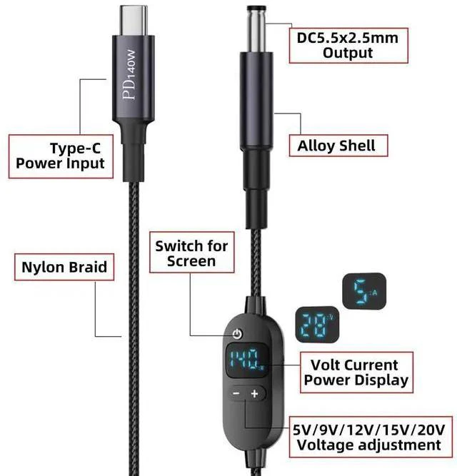 Alt view image 5 of 7 - C USB-C Input to 20V 15V 12V 9V 5V DC 5.5 * 2.5mm Output Power Smart LED Display 100W 140W 65W PD Charge Cable for Laptop