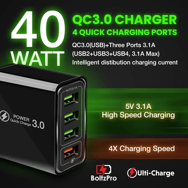 Alt view image 3 of 7 - Ulti Charger 4 Ports with Quick Charger Boltz Pro Lightning Fast Charger Fast Charging Block for Smart Phones Tablets Devices with Multiple Ports | Wall Charge for Travel & Home