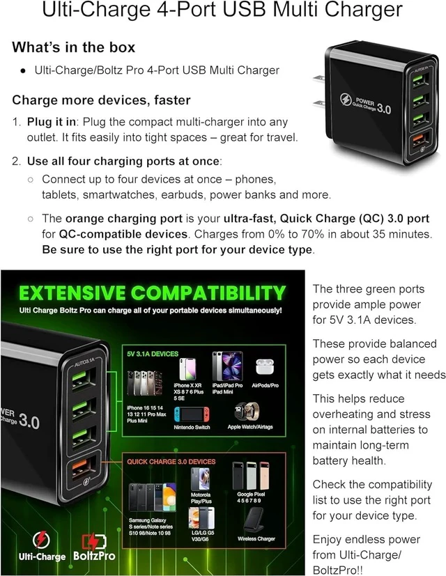 Alt view image 5 of 7 - Ulti Charger 4 Ports with Quick Charger Boltz Pro Lightning Fast Charger Fast Charging Block for Smart Phones Tablets Devices with Multiple Ports | Wall Charge for Travel & Home