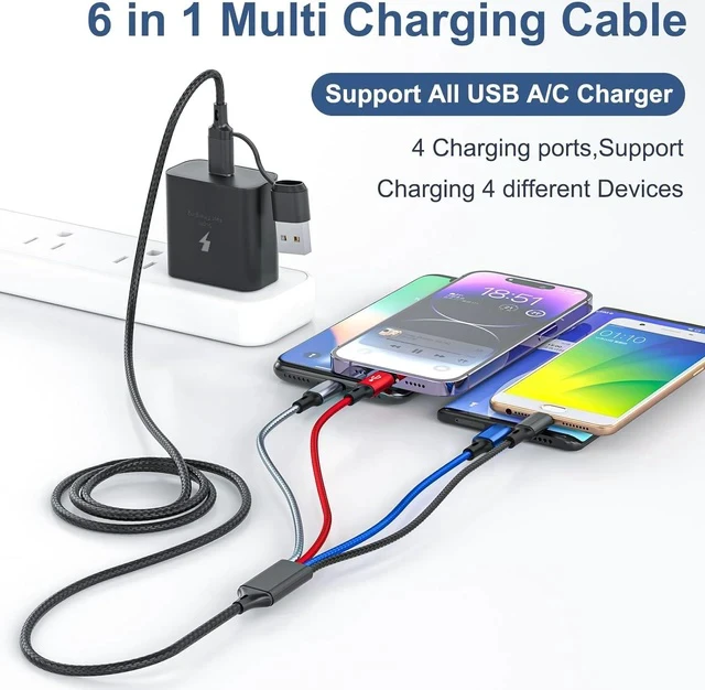 Alt view image 2 of 7 - 6 in 1 Multi Charging Cable 3Pack-6FT Multi USB Cable 3A Multi Charger Cable Braided Multiple Phone Charger Cable Universal USB A/C Charging Cord with 2*IP/Type C/Micro USB Port for Cell Phone/Tablets