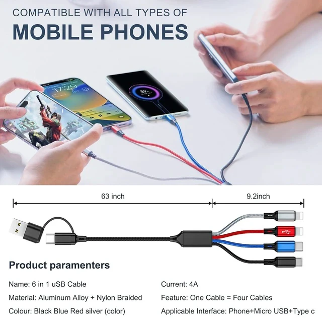 Alt view image 5 of 7 - 6 in 1 Multi Charging Cable 3Pack-6FT Multi USB Cable 3A Multi Charger Cable Braided Multiple Phone Charger Cable Universal USB A/C Charging Cord with 2*IP/Type C/Micro USB Port for Cell Phone/Tablets