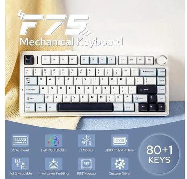 Main image of F75 Gasket Mechanical Keyboard, 75% Wireless Hot Swappable Gaming Keyboard with Five-Layer Padding&Knob, Bluetooth/2.4GHz/USB-C, RGB (Light Blue, LEOBOG Reaper Switch)