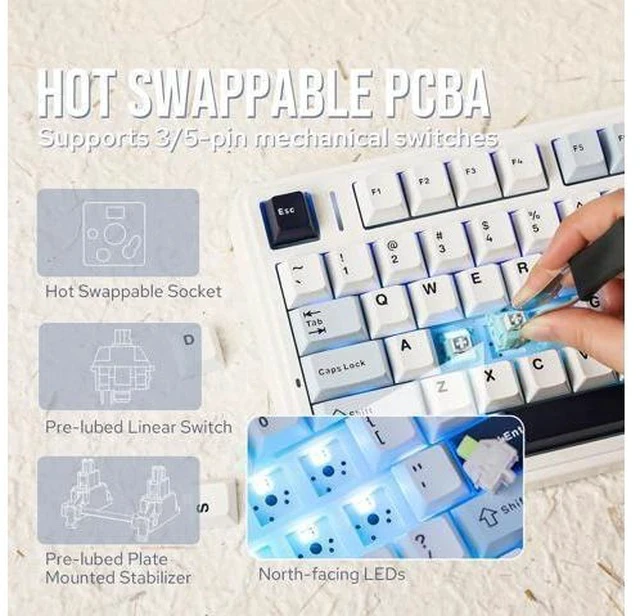 Alt view image 3 of 6 - F75 Gasket Mechanical Keyboard, 75% Wireless Hot Swappable Gaming Keyboard with Five-Layer Padding&Knob, Bluetooth/2.4GHz/USB-C, RGB (Light Blue, LEOBOG Reaper Switch)