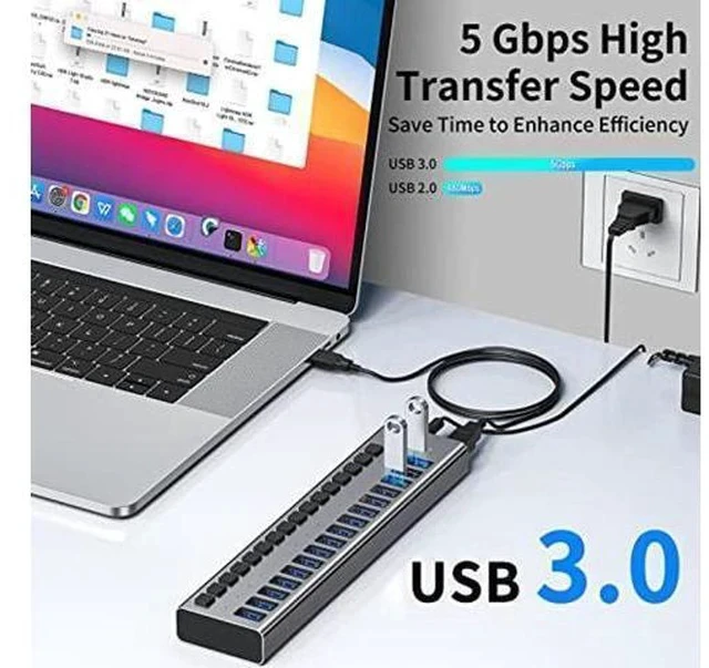 Alt view image 3 of 5 - ACASIS Powered USB Hub,16 Ports USB 3.0 Data Hub, Individual On/Off Switches, 12V7.5A 90W Power Adapter, USB Hub 3.0 Splitter Extension for MacBook, Mac Pro/Mini, iMac, Surface Pro Laptop/PC