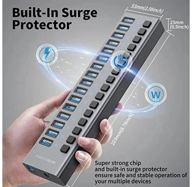 Alt view image 5 of 5 - ACASIS Powered USB Hub,16 Ports USB 3.0 Data Hub, Individual On/Off Switches, 12V7.5A 90W Power Adapter, USB Hub 3.0 Splitter Extension for MacBook, Mac Pro/Mini, iMac, Surface Pro Laptop/PC