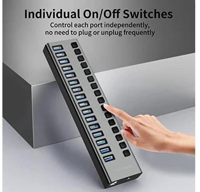 Alt view image 4 of 5 - ACASIS Powered USB Hub,16 Ports USB 3.0 Data Hub, Individual On/Off Switches, 12V7.5A 90W Power Adapter, USB Hub 3.0 Splitter Extension for MacBook, Mac Pro/Mini, iMac, Surface Pro Laptop/PC