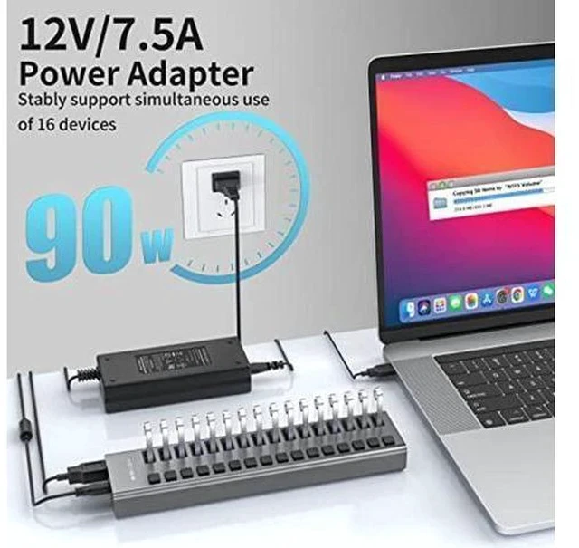 Alt view image 2 of 5 - ACASIS Powered USB Hub,16 Ports USB 3.0 Data Hub, Individual On/Off Switches, 12V7.5A 90W Power Adapter, USB Hub 3.0 Splitter Extension for MacBook, Mac Pro/Mini, iMac, Surface Pro Laptop/PC