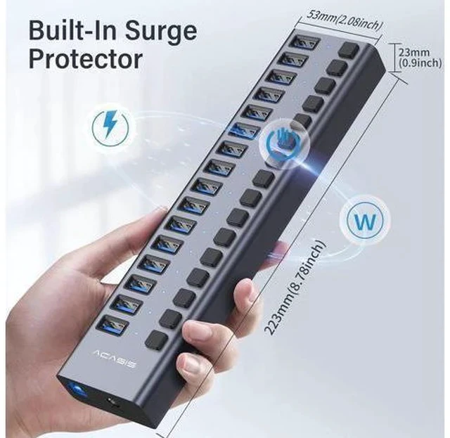 Alt view image 7 of 7 - ACASIS Powered USB Hub,16 Ports USB 3.0 Data Hub, Individual On/Off Switches, 12V7.5A 90W Power Adapter, USB Hub 3.0 Splitter Extension for MacBook, Mac Pro/Mini, iMac, Surface Pro Laptop/PC