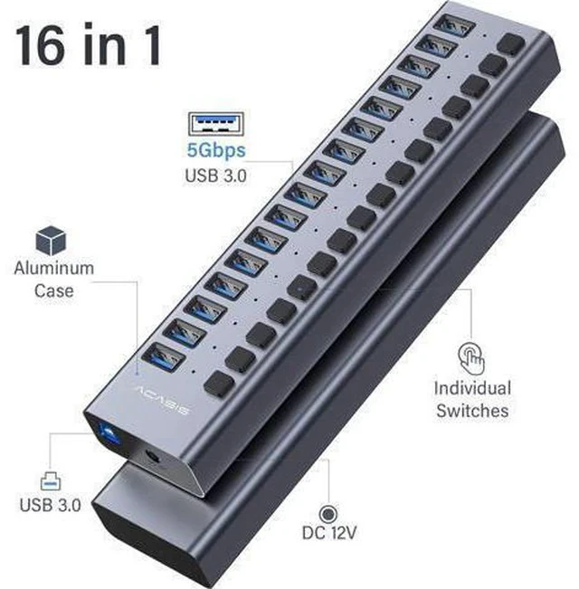 Alt view image 2 of 7 - ACASIS Powered USB Hub,16 Ports USB 3.0 Data Hub, Individual On/Off Switches, 12V7.5A 90W Power Adapter, USB Hub 3.0 Splitter Extension for MacBook, Mac Pro/Mini, iMac, Surface Pro Laptop/PC