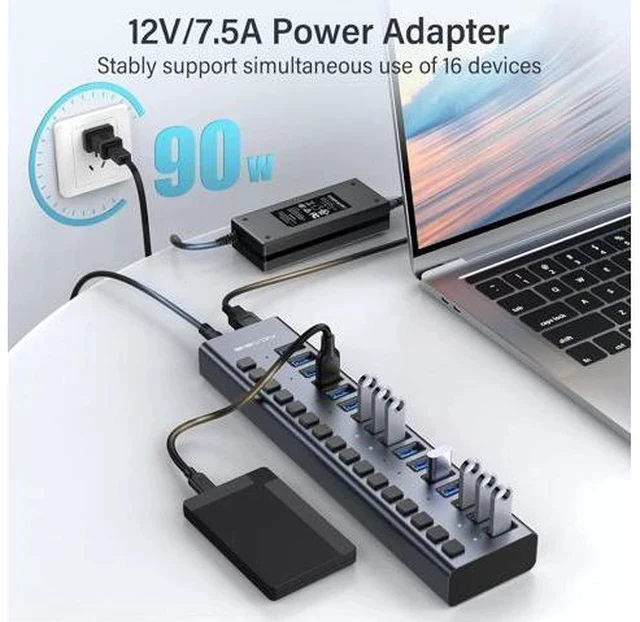 Alt view image 3 of 7 - ACASIS Powered USB Hub,16 Ports USB 3.0 Data Hub, Individual On/Off Switches, 12V7.5A 90W Power Adapter, USB Hub 3.0 Splitter Extension for MacBook, Mac Pro/Mini, iMac, Surface Pro Laptop/PC
