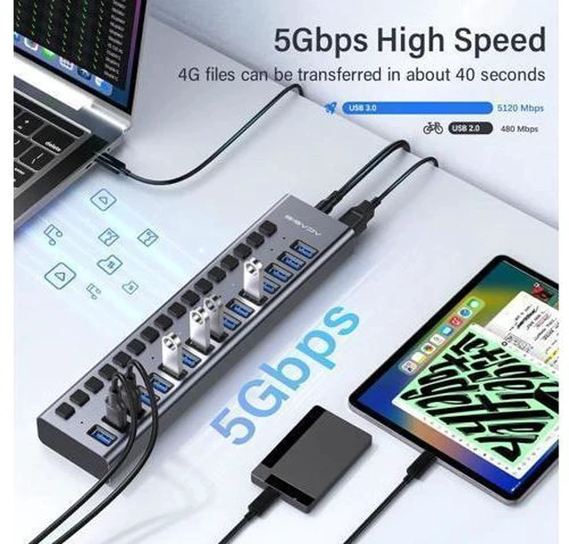 Alt view image 4 of 7 - ACASIS Powered USB Hub,16 Ports USB 3.0 Data Hub, Individual On/Off Switches, 12V7.5A 90W Power Adapter, USB Hub 3.0 Splitter Extension for MacBook, Mac Pro/Mini, iMac, Surface Pro Laptop/PC