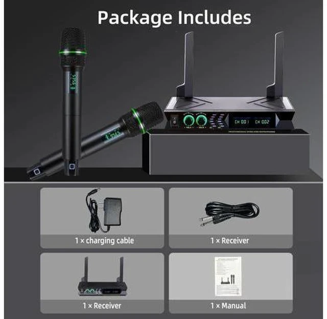 Alt view image 5 of 7 - Wireless Microphone Systems, DUAL UHF Wireless Microphone Set, Microphone Wireless, Handheld Dynamic Microphones, 200ft Cordless Microphone for Singing, Church, Party, Wedding, Speech