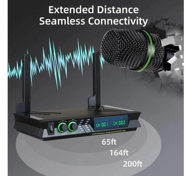 Alt view image 6 of 7 - Wireless Microphone Systems, DUAL UHF Wireless Microphone Set, Microphone Wireless, Handheld Dynamic Microphones, 200ft Cordless Microphone for Singing, Church, Party, Wedding, Speech