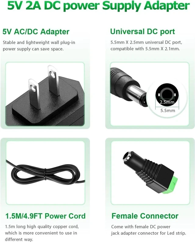 Alt view image 2 of 7 - 5V 2A Power Supply Adapter DC 5V 2000mA Power Cord AC/DC Charger AC 100V-240V to DC 5 Volt 1.5A 1Amp 0.5A for Security Camera Baby Monitor Graco Swing TV Box Raspberry Pi USB Type C (5 Pack)