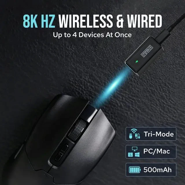 Alt view image 7 of 7 - Click Gaming Mouse Wireless 2.4Ghz/BT/Type-C, 800 to 42,000 DPI Adjustable, 8K Polling Rate, 500mAh, Lightweight Optical Mouse, for PC/Mac/Linux (Black)