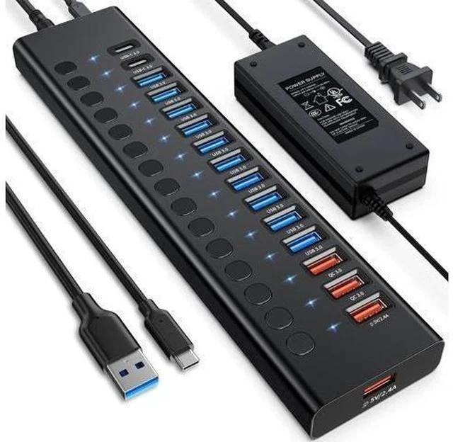 Main image of Powered USB 3.0 Hub 16-Port USB C Hub Splitter (10 USB 3.0+2 QC 3.0+2 Smart Charging+2 USB-C 3.0) with Individual Switches 12V 7.5A 90W UL Certified Power Adapter for Laptop Mac PC Computer