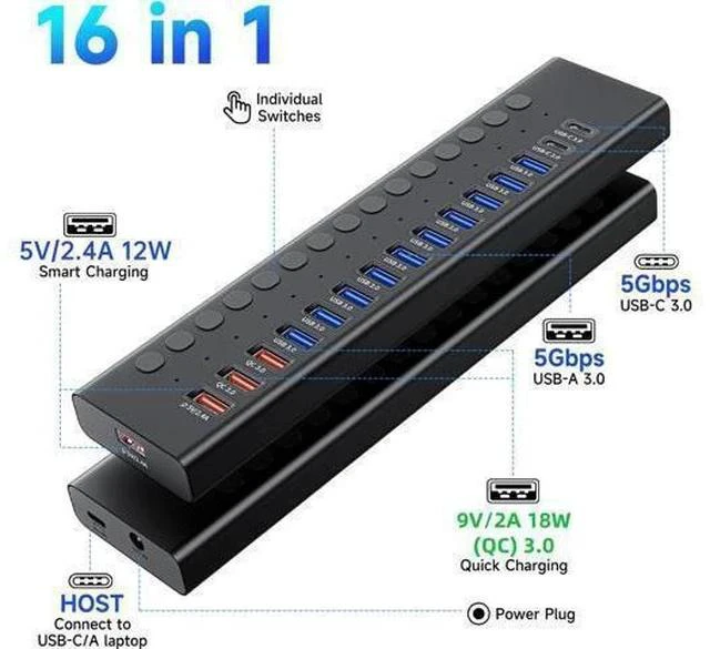 Alt view image 2 of 7 - Powered USB 3.0 Hub 16-Port USB C Hub Splitter (10 USB 3.0+2 QC 3.0+2 Smart Charging+2 USB-C 3.0) with Individual Switches 12V 7.5A 90W UL Certified Power Adapter for Laptop Mac PC Computer