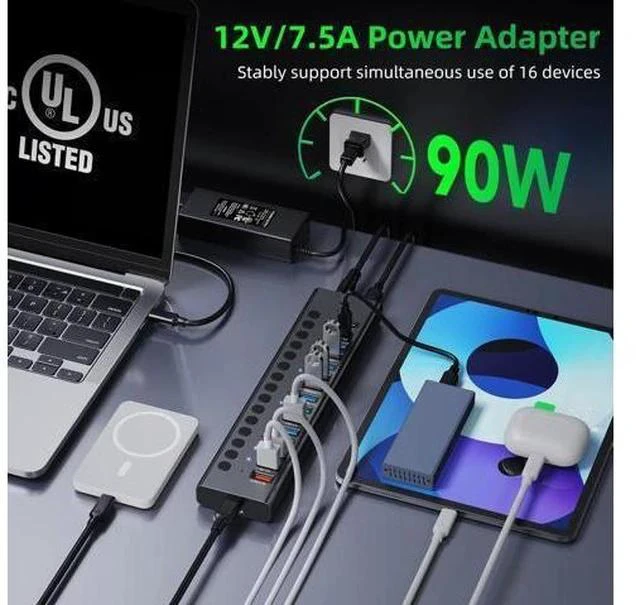Alt view image 6 of 7 - Powered USB 3.0 Hub, 16-Port USB C Hub Splitter (10 USB 3.0+2 QC 3.0+2 Smart Charging+2 USB-C 3.0) with Individual Switches, 12V 7.5A 90W UL Certified Power Adapter for Laptop, Mac, PC, Computer
