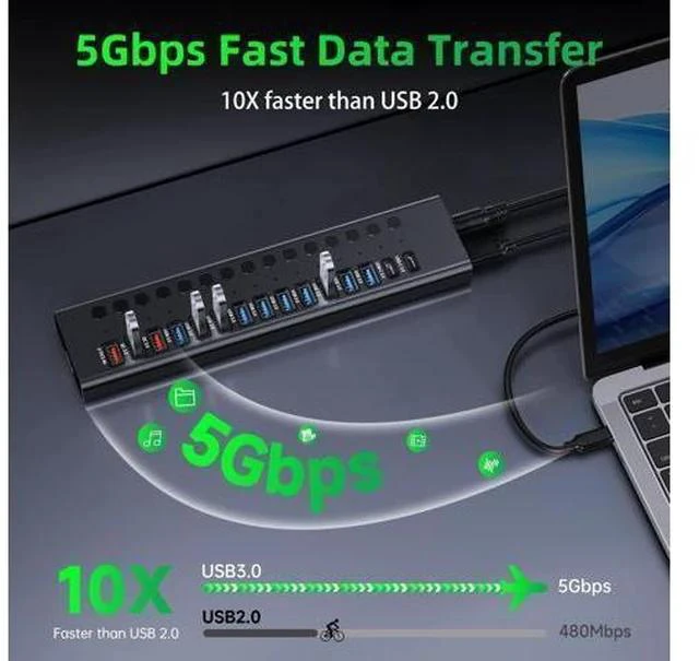 Alt view image 7 of 7 - Powered USB 3.0 Hub, 16-Port USB C Hub Splitter (10 USB 3.0+2 QC 3.0+2 Smart Charging+2 USB-C 3.0) with Individual Switches, 12V 7.5A 90W UL Certified Power Adapter for Laptop, Mac, PC, Computer