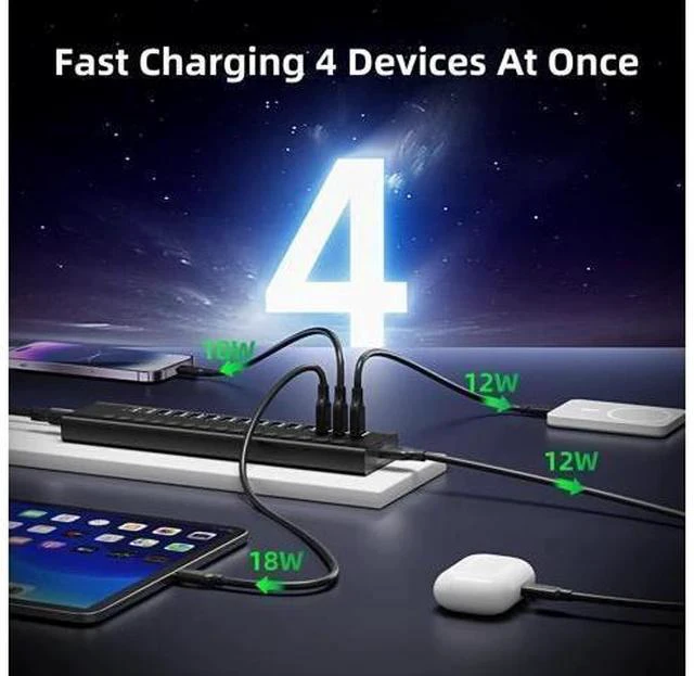Alt view image 3 of 7 - Powered USB 3.0 Hub, 16-Port USB C Hub Splitter (10 USB 3.0+2 QC 3.0+2 Smart Charging+2 USB-C 3.0) with Individual Switches, 12V 7.5A 90W UL Certified Power Adapter for Laptop, Mac, PC, Computer