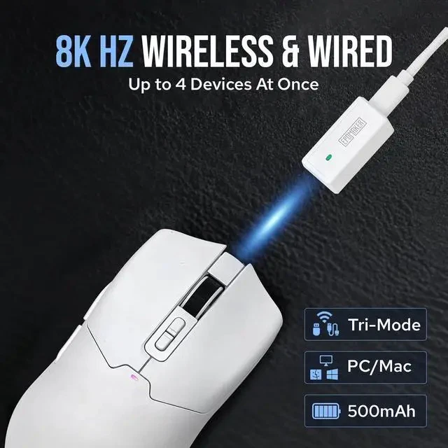 Alt view image 7 of 7 - Click Gaming Mouse Wireless 2.4Ghz/BT/Type-C, 800 to 42,000 DPI Adjustable, 8K Polling Rate, 500mAh, Lightweight Optical Mouse, for PC/Mac/Linux (White)
