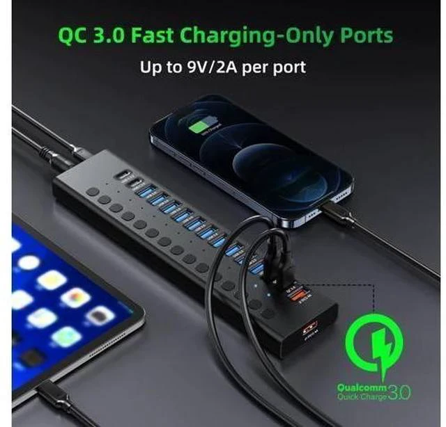 Alt view image 4 of 7 - Powered USB 3.0 Hub, 16-Port USB C Hub Splitter (10 USB 3.0+2 QC 3.0+2 Smart Charging+2 USB-C 3.0) with Individual Switches, 12V 7.5A 90W UL Certified Power Adapter for Laptop, Mac, PC, Computer