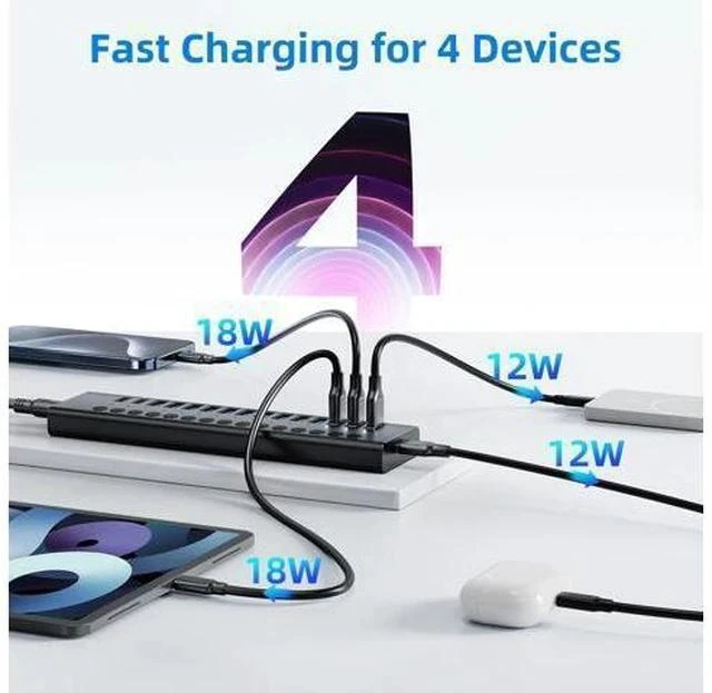 Alt view image 3 of 7 - Powered USB 3.0 Hub, 16-Port USB C Hub Splitter (10 USB 3.0+2 QC 3.0+2 Smart Charging+2 USB-C 3.0) with Individual Switches, 12V 7.5A 90W UL Certified Power Adapter for Laptop, Mac, PC, Computer