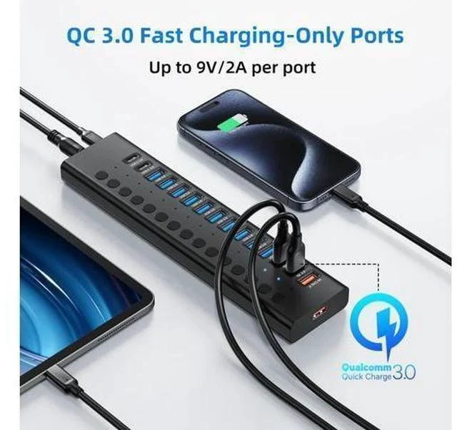 Alt view image 4 of 7 - Powered USB 3.0 Hub, 16-Port USB C Hub Splitter (10 USB 3.0+2 QC 3.0+2 Smart Charging+2 USB-C 3.0) with Individual Switches, 12V 7.5A 90W UL Certified Power Adapter for Laptop, Mac, PC, Computer