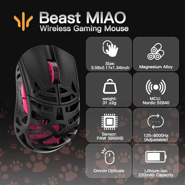 Alt view image 2 of 2 - WLMOUSE Beast X Miao Ultralight 31g Magnesium Alloy Cute Gaming Mouse with PAW3950HS Sensor, Cat Paw, Small Hand Gaming Mouse with 8K Polling Rate,TTC/OM Switches ((BlackRed(OM Switch)))