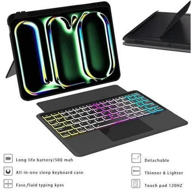 Alt view image 3 of 7 - for iPad Pro 11 inch (M4) 2024 Detachable Keyboard Case : 3 Zone 7 Colors Backlit Magnetic Keyboard with Trackpad - Wireless Keyboard Folio Book Cover with Pencil Holder for 2024 iPad Pro 11" M4