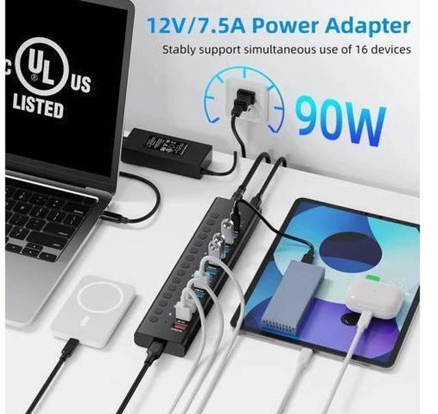 Alt view image 6 of 7 - Powered USB 3.0 Hub, 16-Port USB C Hub Splitter (10 USB 3.0+2 QC 3.0+2 Smart Charging+2 USB-C 3.0) with Individual Switches, 12V 7.5A 90W UL Certified Power Adapter for Laptop, Mac, PC, Computer