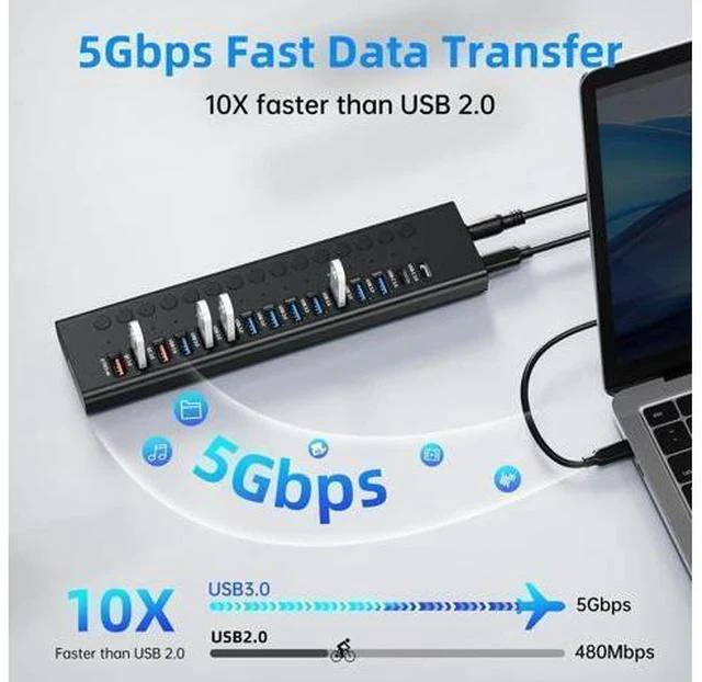 Alt view image 7 of 7 - Powered USB 3.0 Hub, 16-Port USB C Hub Splitter (10 USB 3.0+2 QC 3.0+2 Smart Charging+2 USB-C 3.0) with Individual Switches, 12V 7.5A 90W UL Certified Power Adapter for Laptop, Mac, PC, Computer