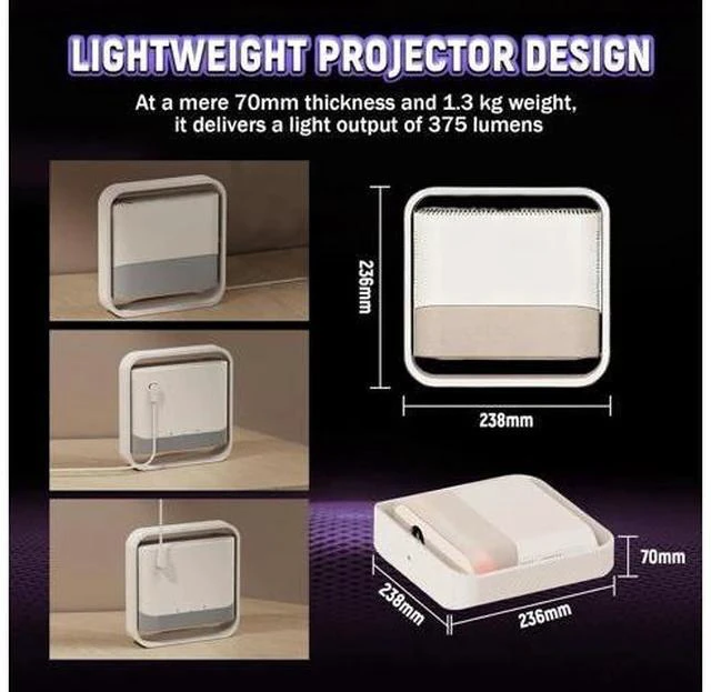 Alt view image 7 of 7 - NSL03 Bluetooth Speaker Smart Projector with WiFi, 950S Chip Video Projector with 375 Lumens, 1080P, Android 13.0 Wireless Projector for Bedroom, Home Theater, Outdoor, 360° Adjustable Angle (White)