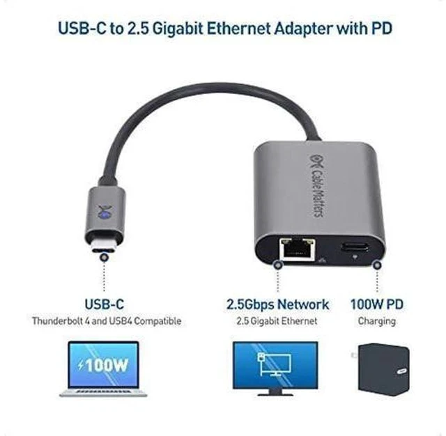 Alt view image 2 of 7 - Cable Matters USB C to 2.5 Gigabit Ethernet Adapter with Charging 100W, 2.5g Ethernet to USB-C Adapter (2.5gbps Ethernet Port) - Compatible with MacBook Pro, iPad Pro, XPS, Microsoft Surface Pro