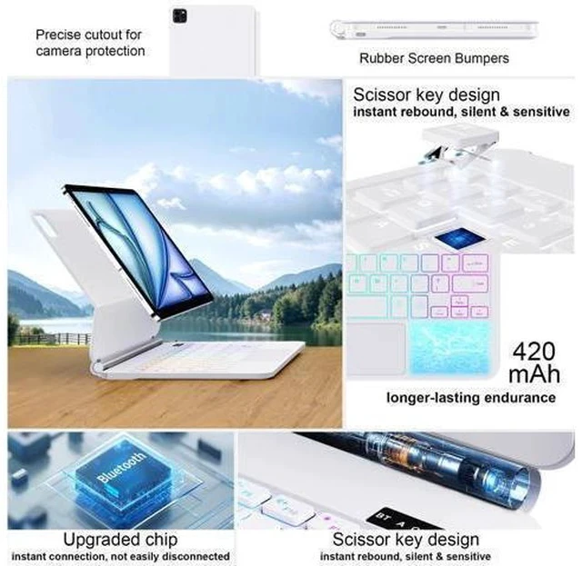 Alt view image 4 of 7 - For iPad Pro 11 inch Case with Keyboard,Keyboard Case for iPad Air 11 inch (M2) 2024 & iPad Pro 11 inch (1st/2nd/3rd/4th Gen)&ipad Air(4rd/5th Gen),Magic-Style Magnetic - Backlit Keyboard (White)