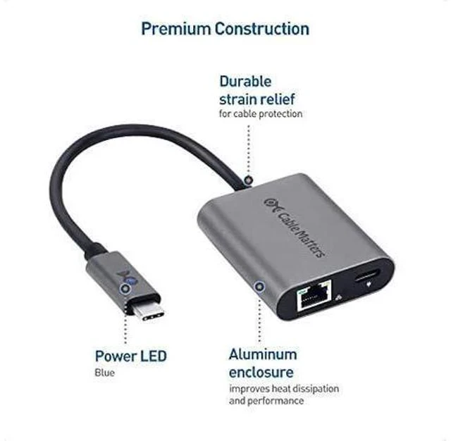 Alt view image 6 of 7 - Cable Matters USB C to 2.5 Gigabit Ethernet Adapter with Charging 100W, 2.5g Ethernet to USB-C Adapter (2.5gbps Ethernet Port) - Compatible with MacBook Pro, iPad Pro, XPS, Microsoft Surface Pro