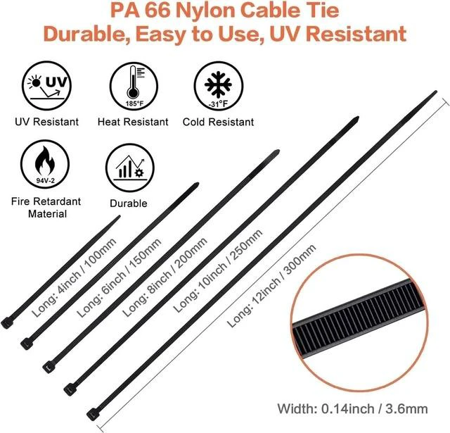 Alt view image 4 of 7 - Zip Ties Assorted Sizes 700 Pack 4+6+8+10+12 Inch Cable Ties Heavy Duty 40lbs Plastic Wire Ties UV Resistant Zipties Black Small Zip Tie Wraps Assortment Cord Management for Home Office Gardening