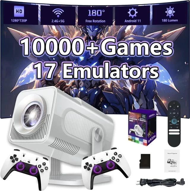 Main image of HCS350 Max Smart Portable projector,10000+ Games,17 emulator Projectors with WIFI & Bluetooth,180° Free Projection,Autofocus,180 Lumens,1280*720P with 2 Wireless Controller,Android 11,for Camping