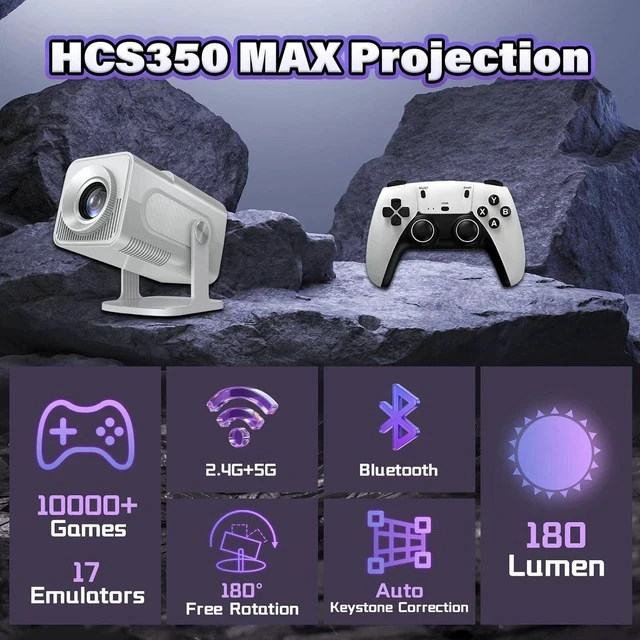 Alt view image 2 of 7 - HCS350 Max Smart Portable projector,10000+ Games,17 emulator Projectors with WIFI & Bluetooth,180° Free Projection,Autofocus,180 Lumens,1280*720P with 2 Wireless Controller,Android 11,for Camping