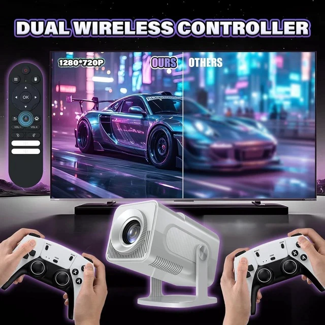 Alt view image 5 of 7 - HCS350 Max Smart Portable projector,10000+ Games,17 emulator Projectors with WIFI & Bluetooth,180° Free Projection,Autofocus,180 Lumens,1280*720P with 2 Wireless Controller,Android 11,for Camping