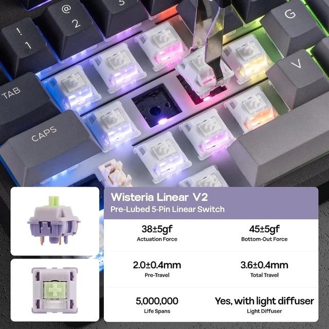 Alt view image 2 of 6 - Galaxy100 Lite QMK/VIA Gaming Keyboard with 8000mAh Battery and Numpad, 1800 Aluminum Mechanical Keyboard, USB-C/BT/2.4Ghz, Hot-Swap, Creamy Sound Black Wisteria Linear Switch