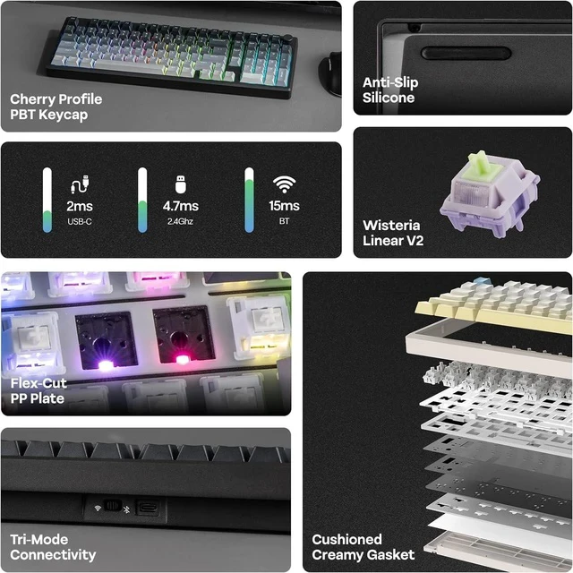 Alt view image 5 of 6 - Galaxy100 Lite QMK/VIA Gaming Keyboard with 8000mAh Battery and Numpad, 1800 Aluminum Mechanical Keyboard, USB-C/BT/2.4Ghz, Hot-Swap, Creamy Sound Black Wisteria Linear Switch