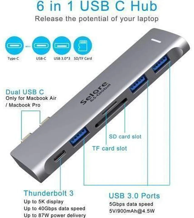 Alt view image 2 of 7 - USB C Adapter for MacBook Pro/MacBook Air M1 M2 M3 2021 2020 2019 13" 15" 16", 6 in 1 USB-C Hub MacBook Pro Accessories with 3 USB 3.0 Ports,USB C to SD/TF Card Reader and 100W Thunderbolt 3 PD Port