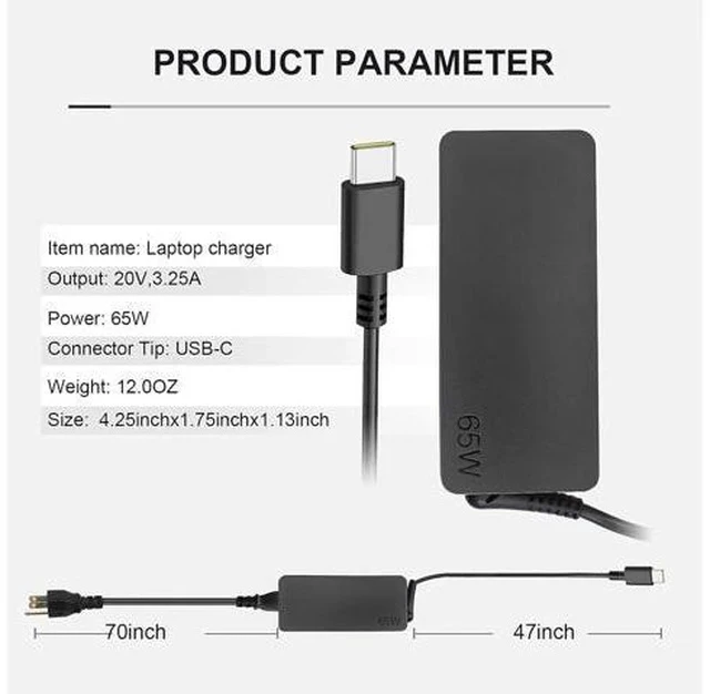 Alt view image 2 of 7 - Replacement 65w USB c Laptop Charger for ThinkPad/Chromebook/Yoga ThinkPad T480 T490 T580 E480 ADLX65YDC2A Power Supply for Laptop Charger